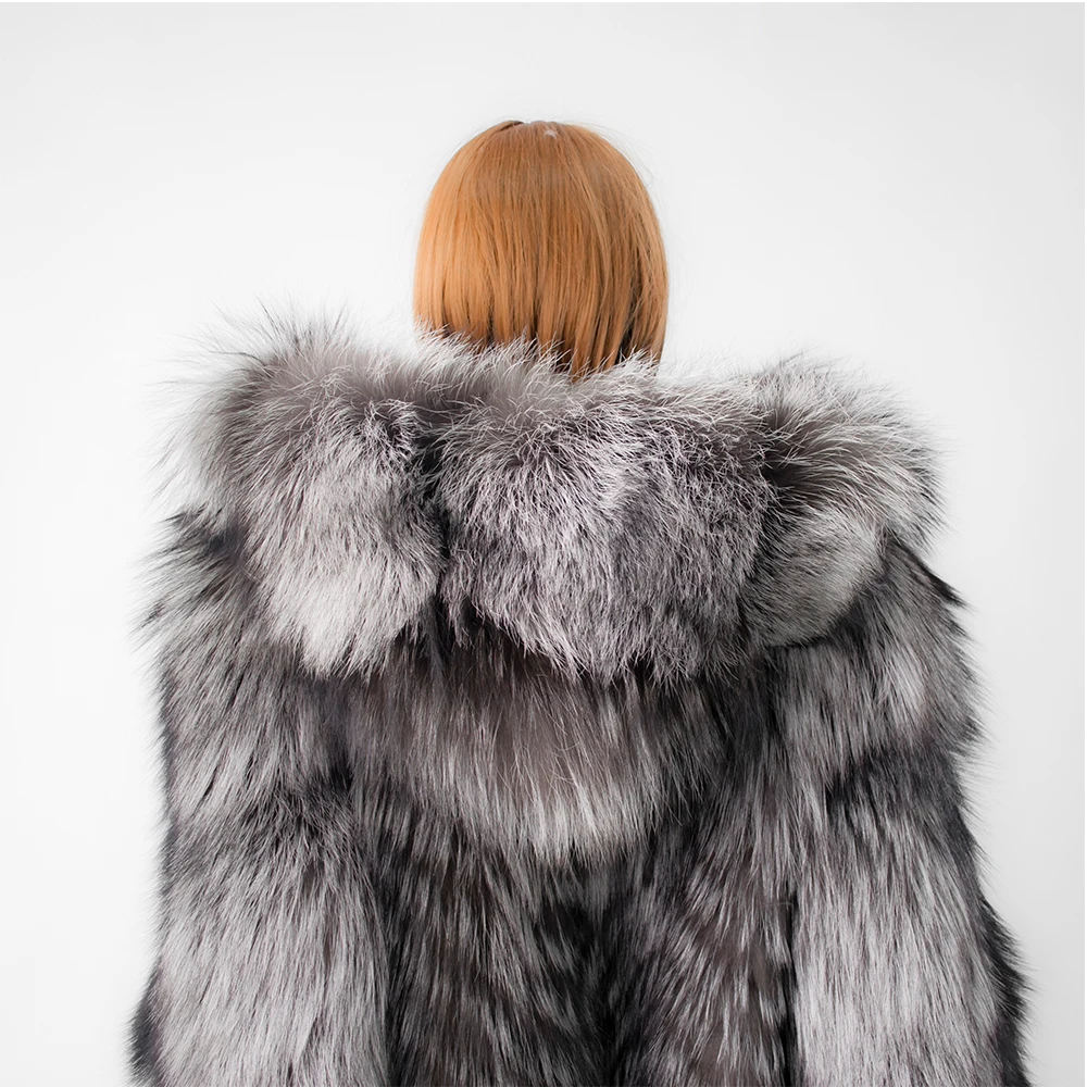 Женская шуба из натурального Лисьего меха с меховым капюшоном 160 см X-Long роскошная женская куртка в полоску с мехом серебристой лисы плотное зимнее пальто