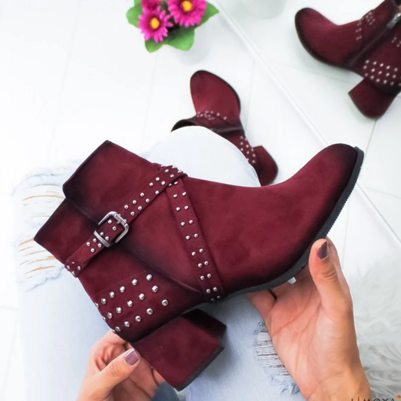 

PUIMENTIUA 2019 Women Boots Flock Ankle Boots Spring Autumn Women Boots Ladies Party Western Stretch Fabric Boots Plus Size