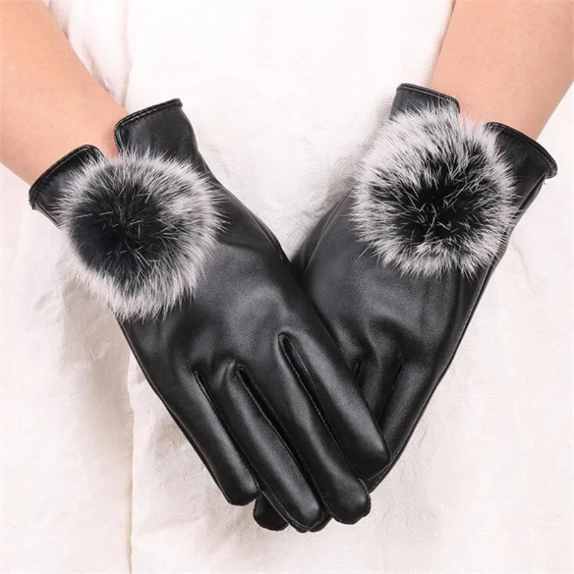 VISNXGI Искусственные кожаные перчатки женские модные черные перчатки из искусственной кожи осенне-зимние толстые женские водонепроницаемые перчатки с искусственным кроличьим мехом - Цвет: V port black