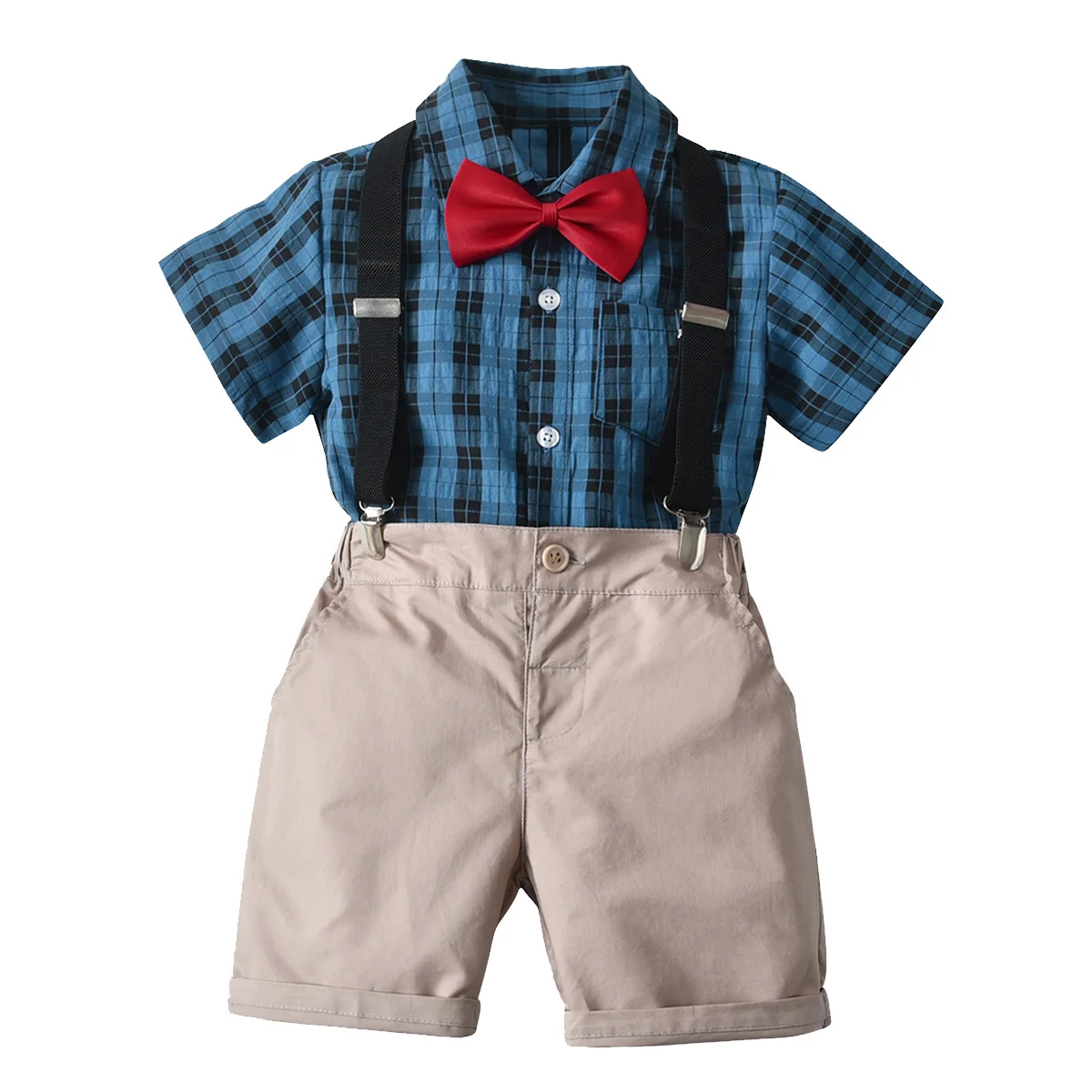 

New Boys Short Sleeve Shirt Set Plaid Short Sleeve Shirt Bow Tie Strap + Shorts Four-piece Suit Boys Party Suit Easter Costume