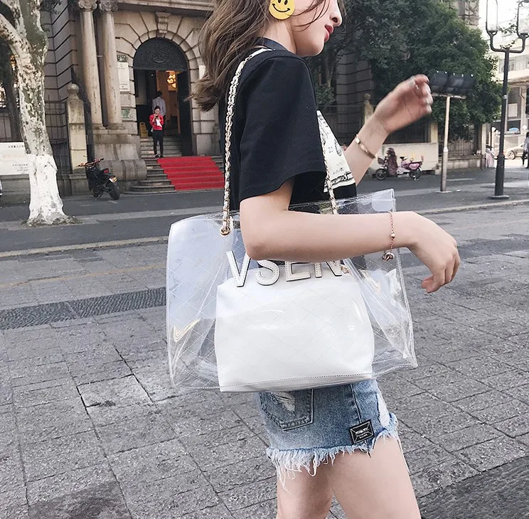 

JIULIN Crossbody Bucket-Bag Messenger-Bags Jelly Luxury Handbag Clear Transparent letter crisscross line