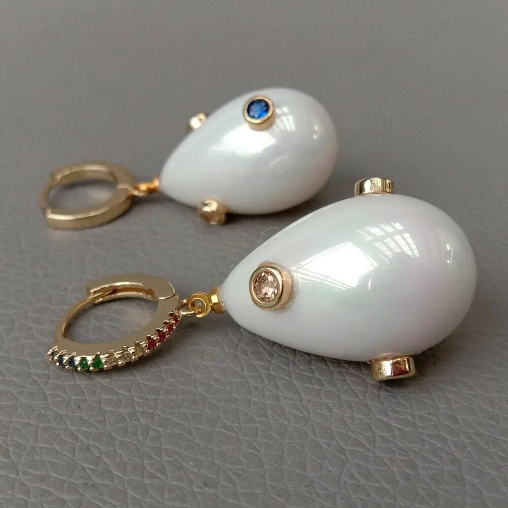 Teardrop White Sea Shell Pearl Mixed color Cz Pave Lever back Earrings
