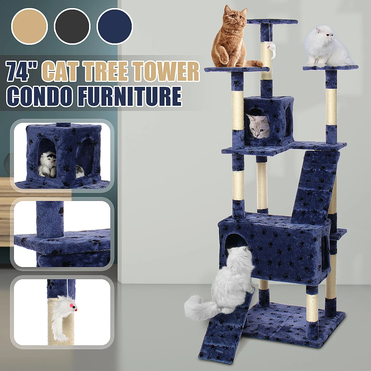 

74" Large Pet Cat Climbing Tree House Cat Toy Tree Scratcher Play House Condo Furniture Climbing Frame Cat Condos Scratching