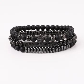 New Fashion Natural Stone Matte Onyx CZ Pave Ball Charm Beads Elastic Bracelet Set For Men
