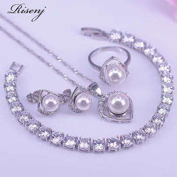 

Risenj White Freshwater Pearl Silver 925 Jewelry Bracelet Pendant Necklace Earrings Ring Set 925 Sterling Silver Jewelry Set