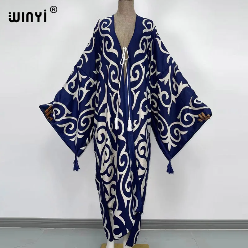 2021 WINYI new Cotton Bikini Sweet Lady Pink Boho Print Self Belted Front Open Long Kimono Dress Beach Tunic Women Wrap Dresses bikini cover up