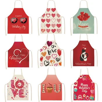 

Parent-child Kitchen Apron Valentine's Day Heart Printed Sleeveless Cotton Linen Aprons for Men Women Home Cleaning Tools