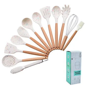 

13PCS Kitchen Utensil Set Silicone Cooking Baking Tools Spatula Heat Resistant Wooden Handle Oil Brush Shovel Spoon Eggs Beater