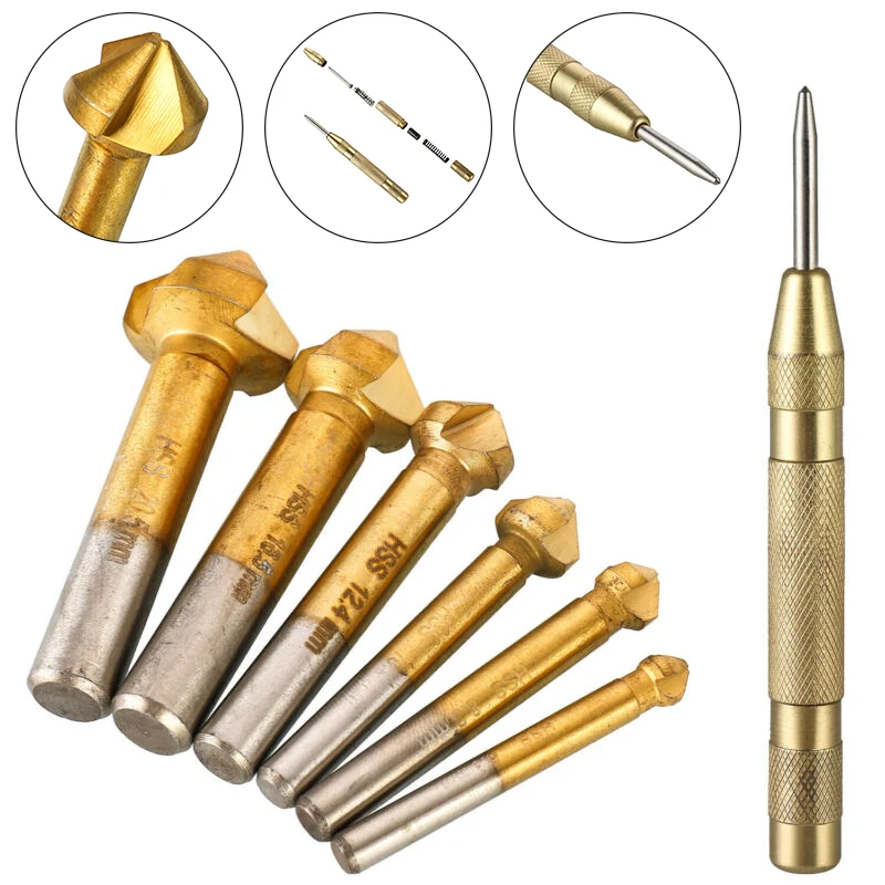 90 Degrees 3 Flutes Chamfers Cutter Countersink+Center Punch Set For Wood Metal