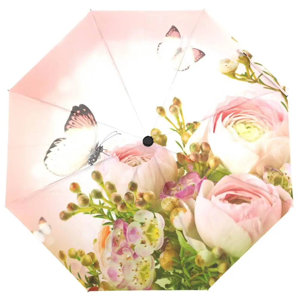 Beautiful Pink Roses and Butterfly Umbrella Rain Women Gift Three Folding Umbrellas Windproof Automatic Portable Travel Umbrella