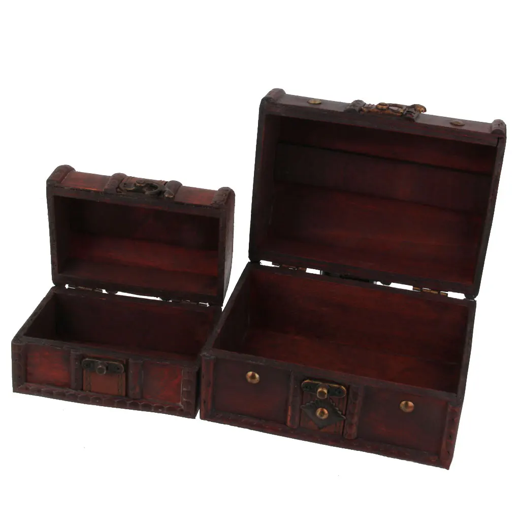 2 Pcs Small Big Set Vintage Wooden Treasure Chest Necklace Bracelet Earrings Holder Storage Box Jewelry Packaging 