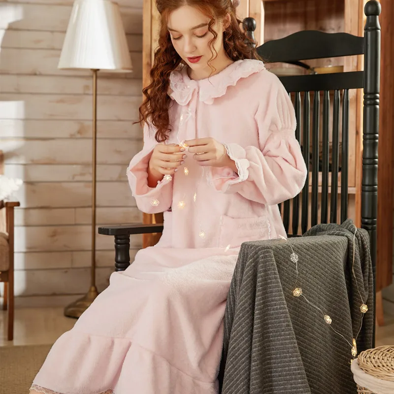 Женская осенне-зимняя новая сексуальная женская элегантная ночная рубашка, милая розовая ночная рубашка, фланелевая Коралловая ночная рубашка с оборками, домашняя одежда