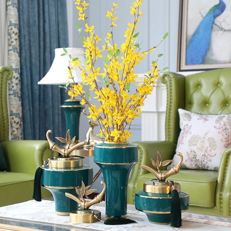 Китайская керамическая коробка для зеленого чая, фарфоровые бутылки, банки для хранения, декоративная ваза с металлической медной крышкой ...