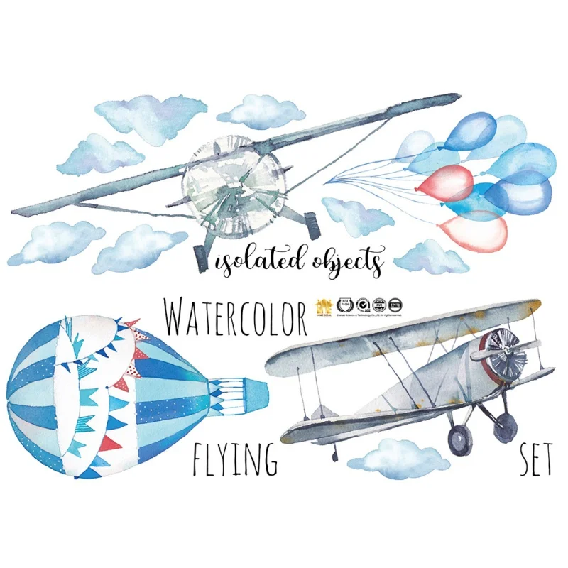 Large Watercolor Hand-painted Airplane Balloon Children Room Wall Stickers for Kindergarten Wall Decor Plane Flying room mural