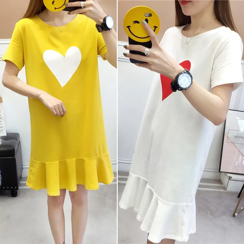 

Hot Summer Sweet Dress Women's Loose O-Neck Dress Women Short Sleeve Above Knee Mini Heart Print Casual Ruffles Trumpet Dress