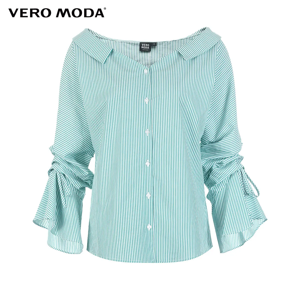 Vero Moda Новая женская рубашка в полоску с v-образным вырезом и расклешенными рукавами | 318331516