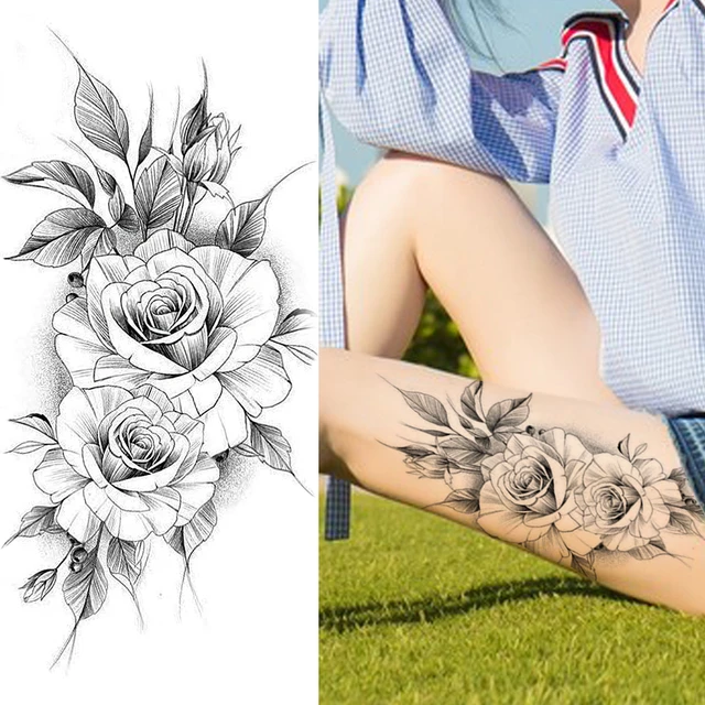 Tatuajes temporales de Flores Negras, pegatina de lápiz falso, boceto de rosa, impermeables, moda para arte corporal, piernas, tatuajes para vacaciones - AliExpress