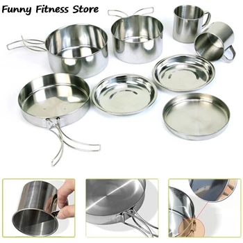 8PCS Outdoor Picnic Cookware Stainless Steel Tableware Travel Camping Hiking Cooking Backpacking Set Survival Tool Cooker Dishes naturehike outdoor ultralight tableware sets camping hiking cookware tableware picnic backpacking cooking bowl pot pan cooker