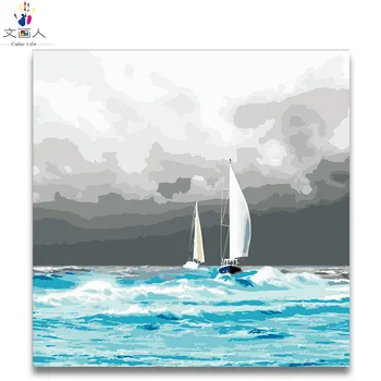 

Seascape waves sailboat oil painting by numbers with kits diy draw canvas coloring picture by numbers for hotel room hoom decor