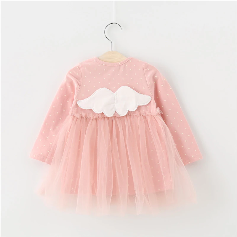 Autumn New 0-4T Baby Girl Dress Lovely Toddler Girl Dot Pattern Mesh Stitching Dresses Korean Style Long-sleeved Girls Dresses - Цвет: Розовый