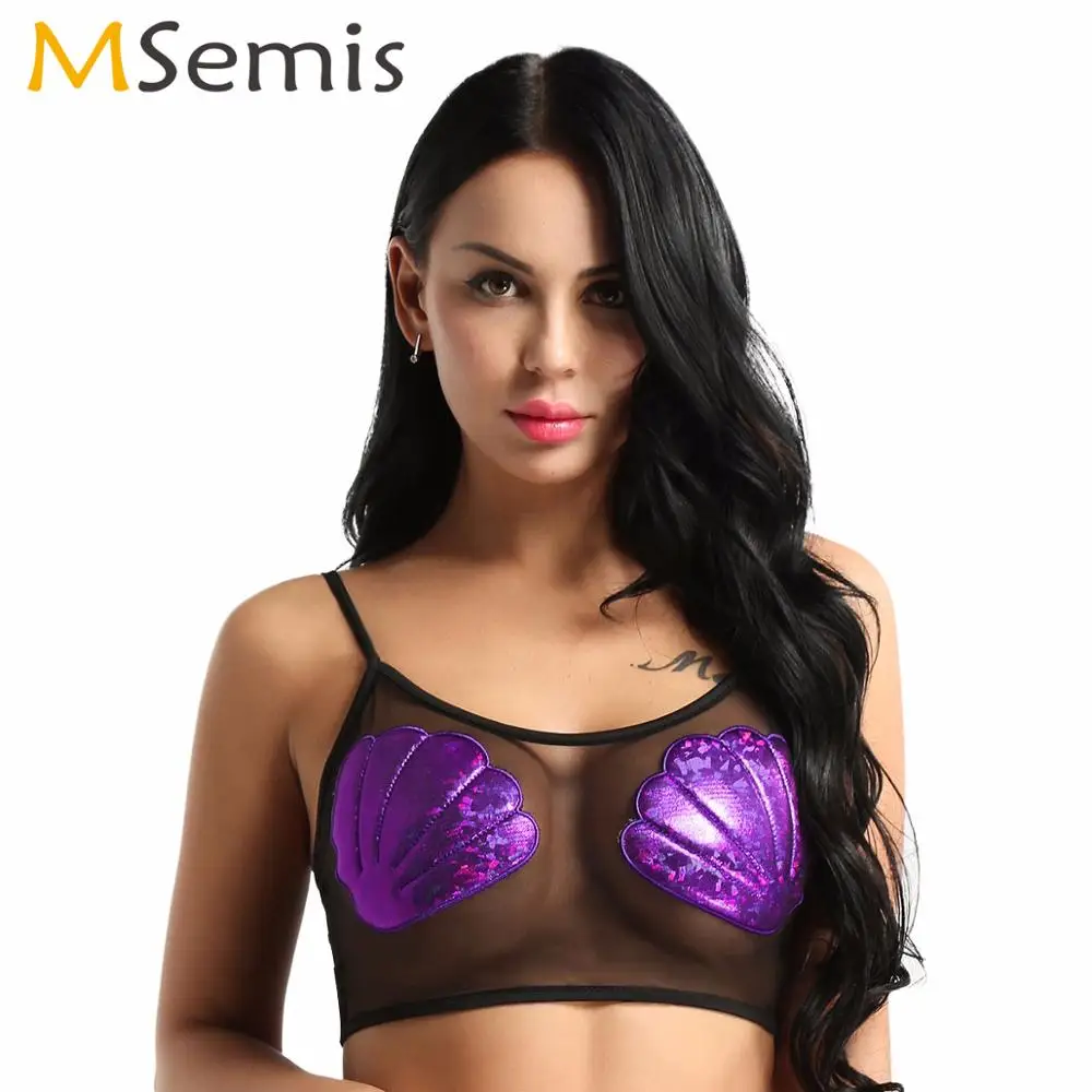 Women Spaghetti Strap Sheer Mesh Bra Sexy Metallic Mermaid Sea Shell Bralette Club Rave Vest Summer Streetwear Tank Top US Stock |