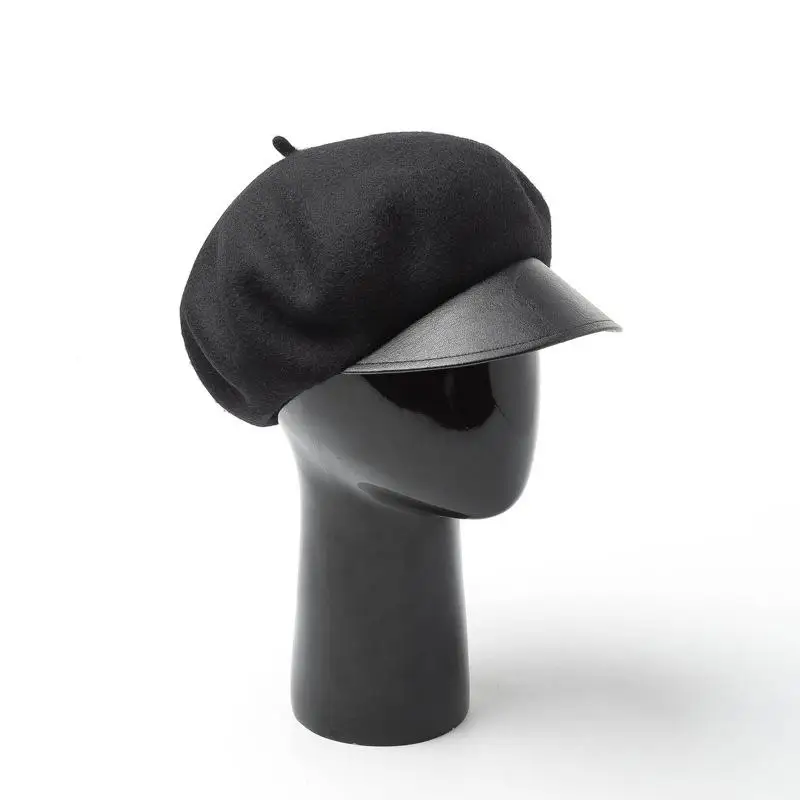 COKK шерстяной берет, шапка, Женский винтажный капор, толстый теплый берет, шапка с кожаными полями, мягкие осенне-зимние шапки для женщин, женские шапки - Цвет: Black