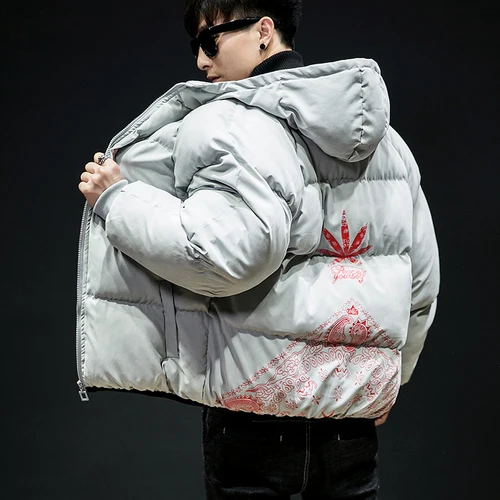 Liketkit мужские зимние куртки с капюшоном мужские свободные толстые черные короткие парки и пальто с принтом Мужская ветровка с хлопковой подкладкой - Цвет: Серый