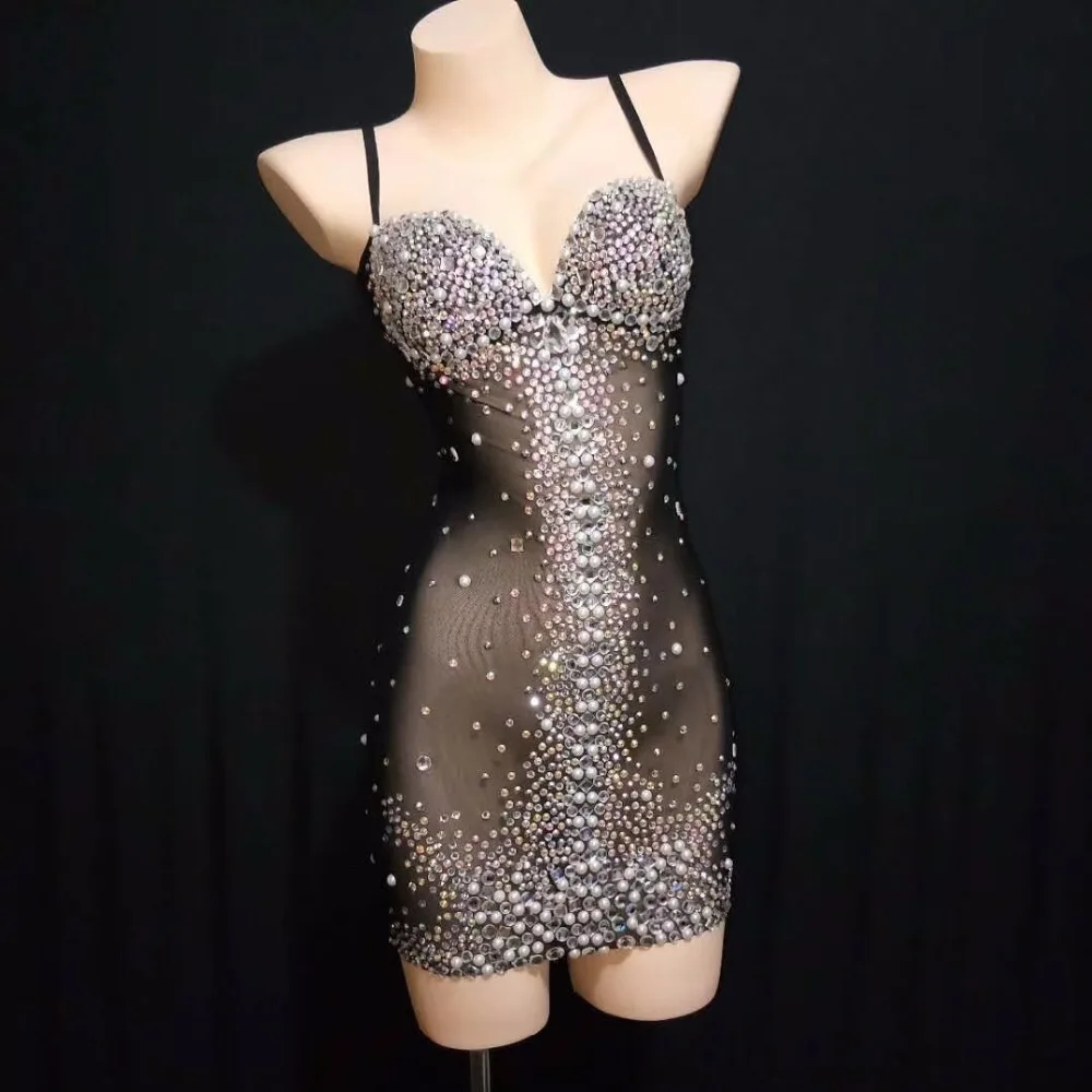 

Sparkly Rhinestones Pearls Black Mesh Dress Birthday Prom Celebrate Dress Bar Evening Women Singer Dancer Stretch Dress