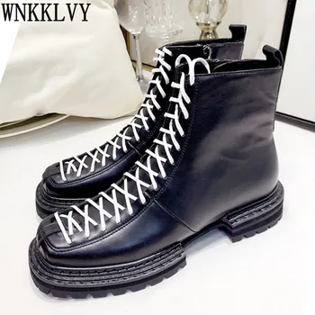 

Thick Bottom Square Toe Martin Boots Women Genuine Leather Lace Up Chunky Heel Shoes British Style Autumn Short Boots Female