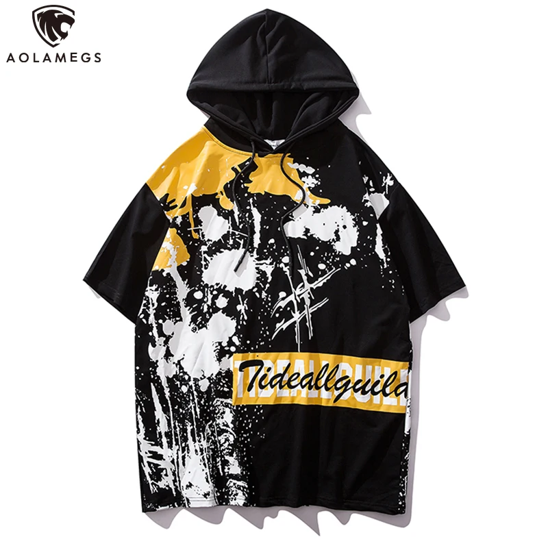 

Aolamegs Men's T Shirt Spray Water Spots Printed Casual College Style Cozy Harajuku Hooded Hip Hop Style All-match Streetwear