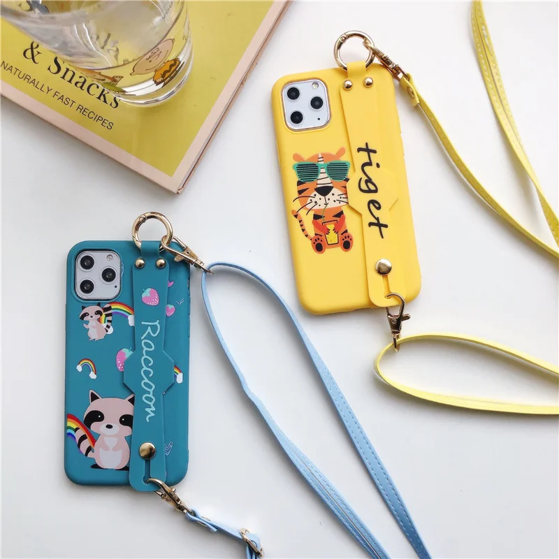 

Shoulder strap cartoon tiger raccoon case for coque iphone 11 Pro xr xs max x 8 7 Plus 6 6s lanyard wrist strap jelly soft cover