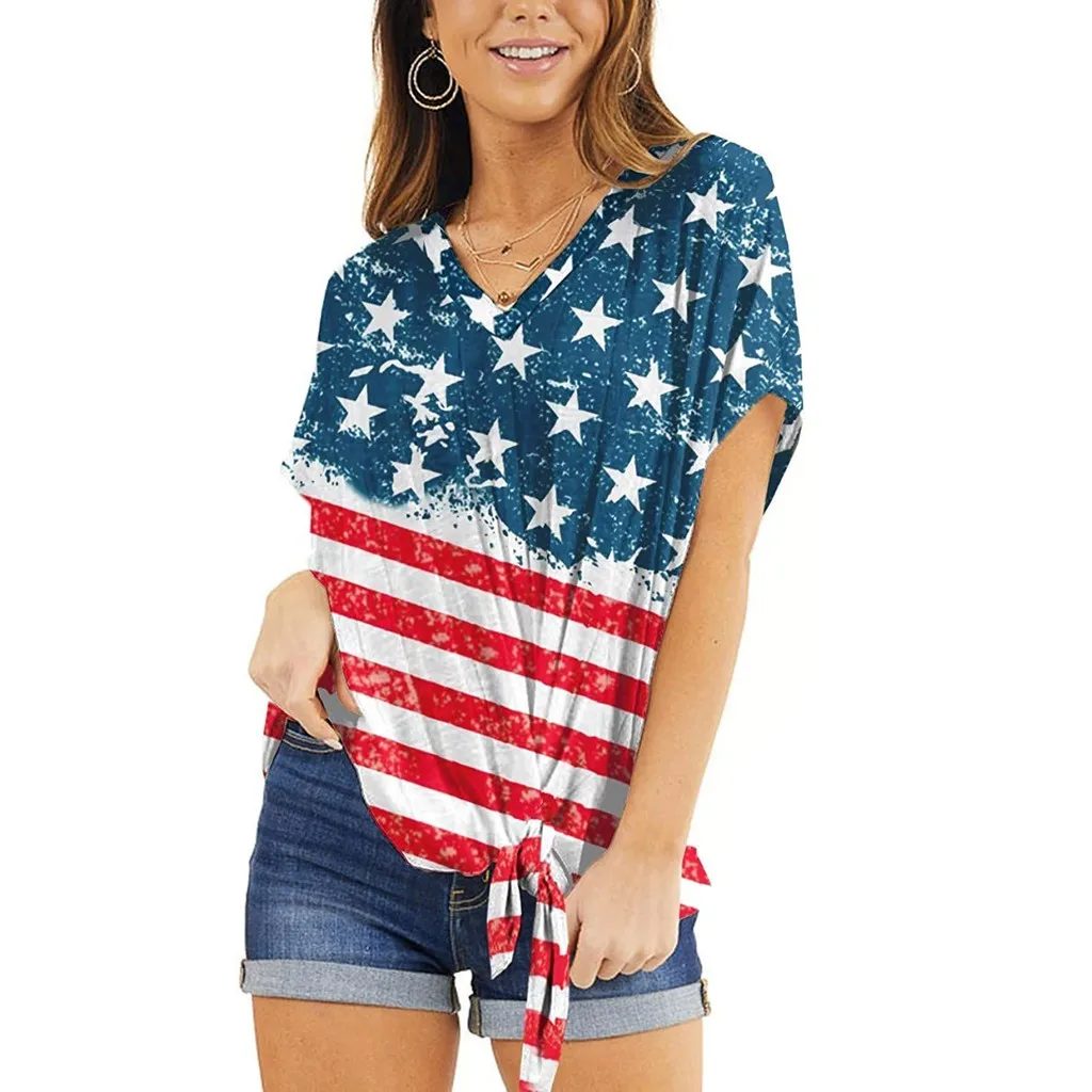 Women's Patriotic Stripes Star Shirt Woman American Flag V Neck Knot Short Sleeve Tops Female