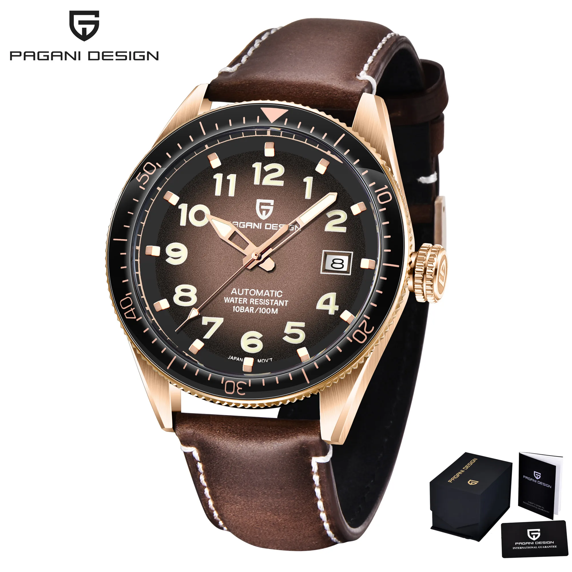 Pagani Дизайнерские мужские модные автоматические военные часы люксовый бренд 100 м водонепроницаемые механические часы синие спортивные мужские часы для дайвинга - Цвет: L-Gold Brown