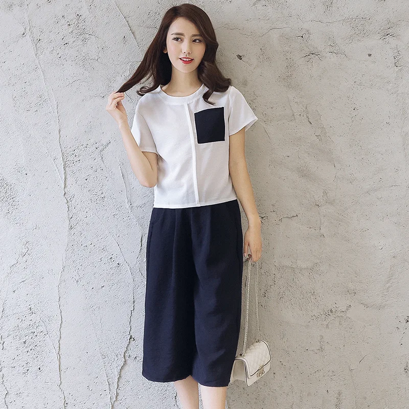 

2017 Summer Wear New Style Korean-style WOMEN'S Wear Trendy Two-Piece Set Elegant T-shirt Loose-Fit Capri Pants Loose Pants Set