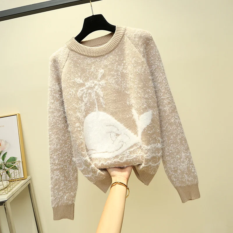 Long plush whale sweater women's autumn/winter 2019 imitation mink velvet knit sweater loose sleeve head lazy wind top wearing Long plush whale sweater women's autumn/winter 2019 imitation mink velvet knit sweater loose sleeve head lazy wind top wearing