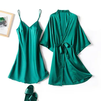 

Long Sleeve Women Robe Silk Dressing Gowns Lingerie Set Bathrobe Ladies Summer Autumn Sexy Nightgown Nightdress