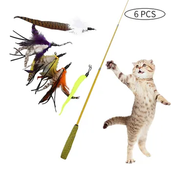 

Cat Pet Toys Telescopic Rod Stick With 5pcs Feather Replacement Heads Cats Training Interactive Toy Kitten Playing Toys