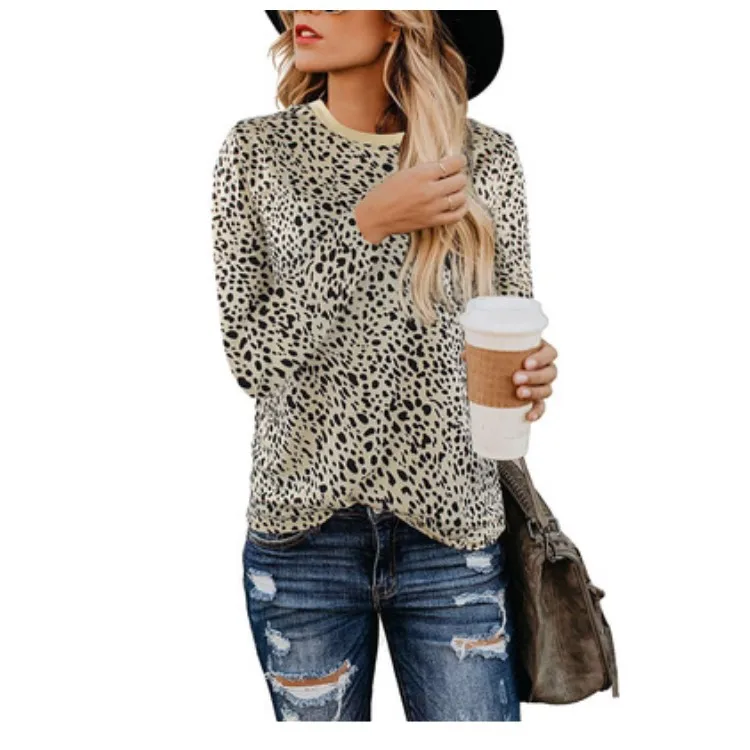 SMDPPWDBB Женская Повседневная леопардовая футболка с длинным рукавом топы свободный круглый воротник пуловер Топы с принтом зима осень