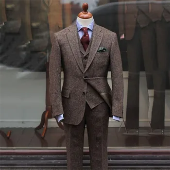 

2020 Latest Coat Pants Designs Brown Tweed Suits Men Slim Fit Formal Wedding Men Suit 3 Pieces Tuxedo Groom Terno Masculino
