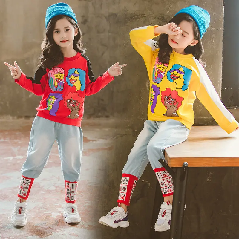 

Girls Two Piece Clothing Sets Fashion Cartoon Long Sleeve Sweatshirt and Denim Pants Yellow Red 4-13 Years School Sports Suits