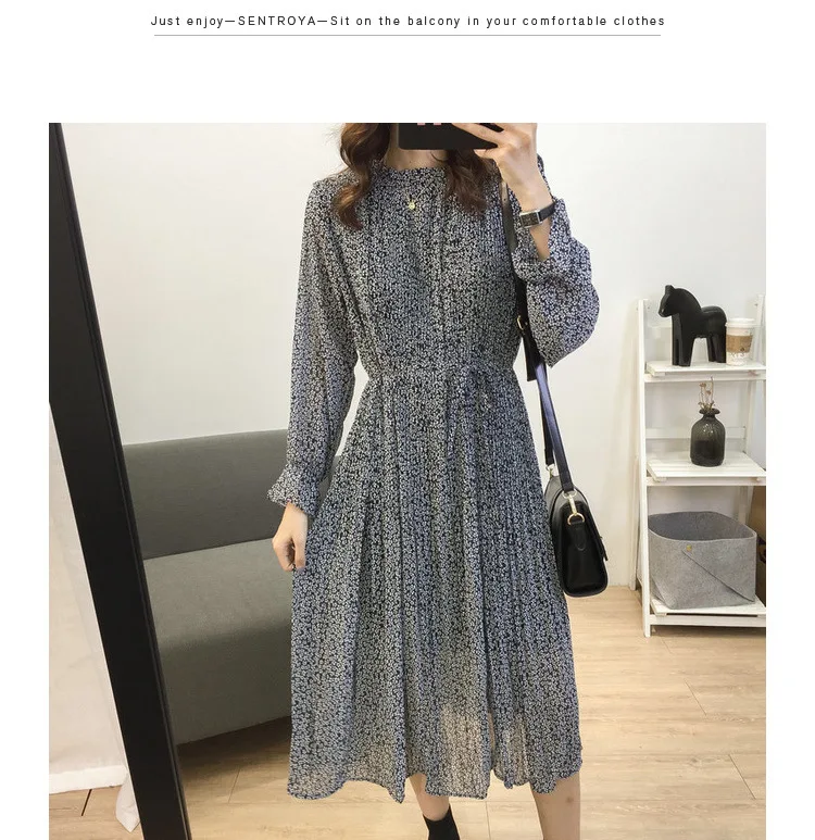 Loose-Fit Stand Collar Floral-Print Chiffon Long-sleeved Dress Autumn And Winter Women's Large Size Slimming Medium-length A- li