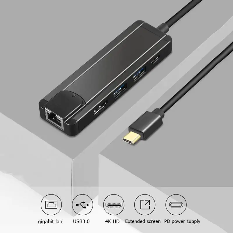 5 в 1 расширитель тип-c для PD USB3.1/HDMI/RJ45/2 USB3.0 мужчин и женщин Мини USB-C 10/100/1000 Gigabit Ethernet Сетевая карта