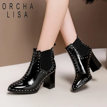 

ORCHA LISA Warm Ankle Boots for Women Round Toe Block Heels Elastic Slip-on Rivets Solid Metal Decoration Big Size 40-45 Black