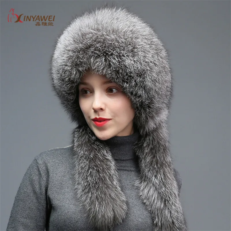 Frost black Популярная меховая шапка для женщин из натурального меха енота и лисы, русские шапки ушанка, Зимняя Толстая теплая черная шапка-бомбер с ушками, Новое поступление - Цвет: Frost black