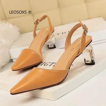 

The New Shoes Fashion Simple Hollow Transparent shui jing gen High Heels Shallow Mouth Tip Hollowed-out after Strappy Sandals
