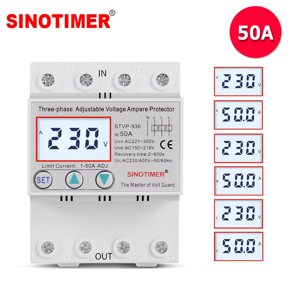 3 Phase AC 380V 400V 50A Multifunctional Over Under Voltage and Over
