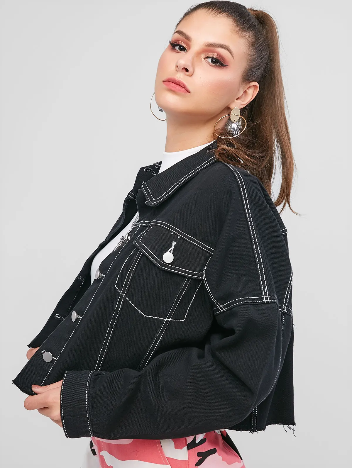 ZAFUL Contrast Stitching Cropped Denim 