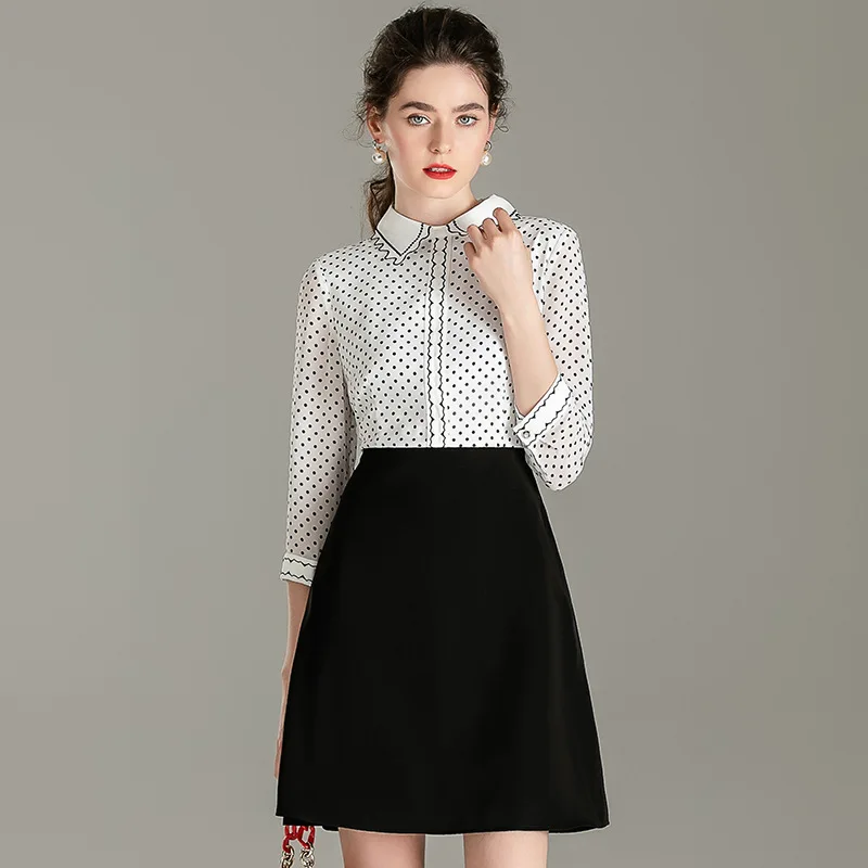 

White Polka Dot Chiffon A Line Short Dress High Waist Slim Office Ladies Mini Dresses Elegant Black Business Clothes Sweet Chic
