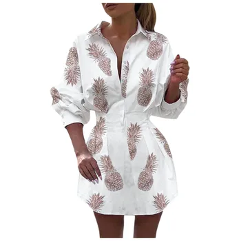 

New Arrived Pineapple Print Sexy Dress vestidos Fashion Women Long Sleeve Pineapple Print Fitted Waist A-Shaped Mini Dress #C8