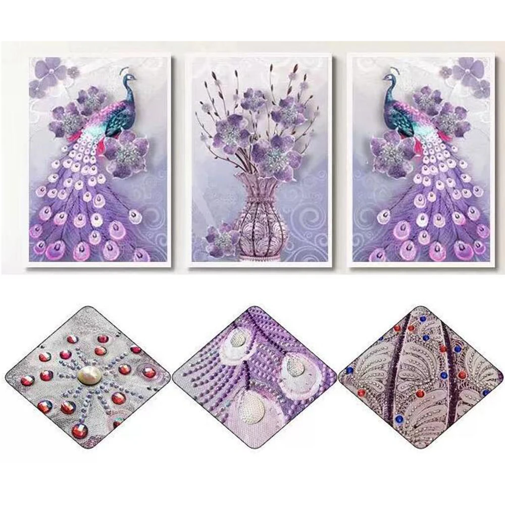 

5D DIY Special Shaped Peacock triptych Diamond Painting Diamond Embroidery Needlework Rhinestone Crystal Cross Craft Stitch Kit